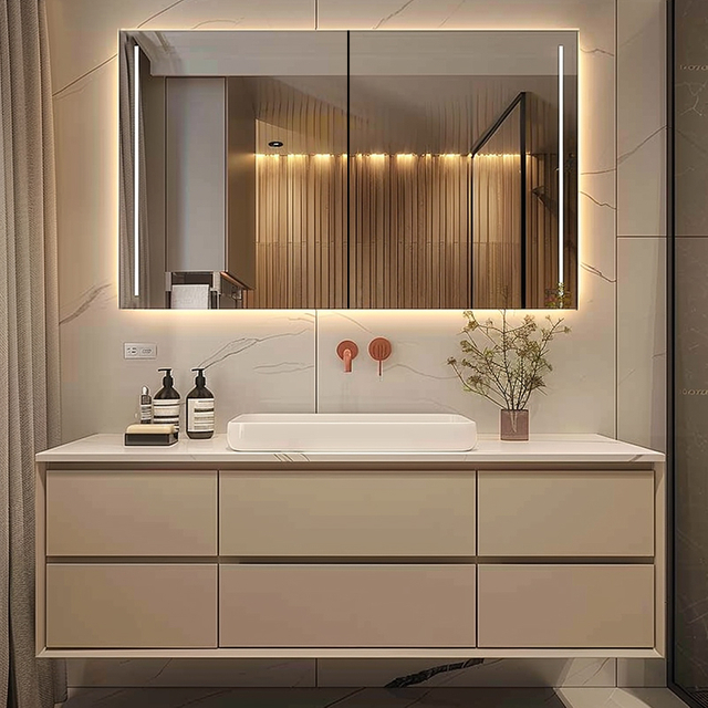 Mueble de baño de aluminio moderno y contemporáneo con espejo y luces: solución de almacenamiento elegante para su baño