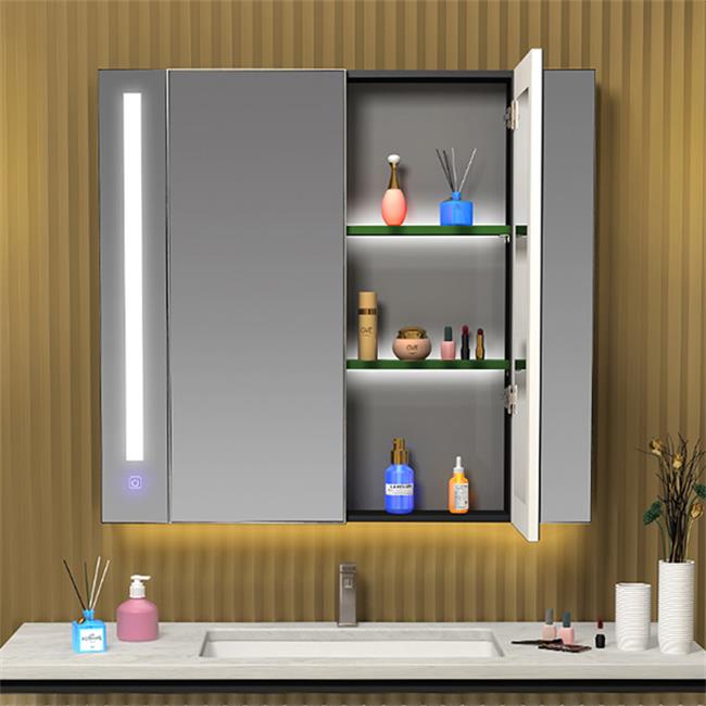 Botiquín iluminado con espejo de doble puerta montable en superficie de baño de aluminio industrial blanco con desempañador 