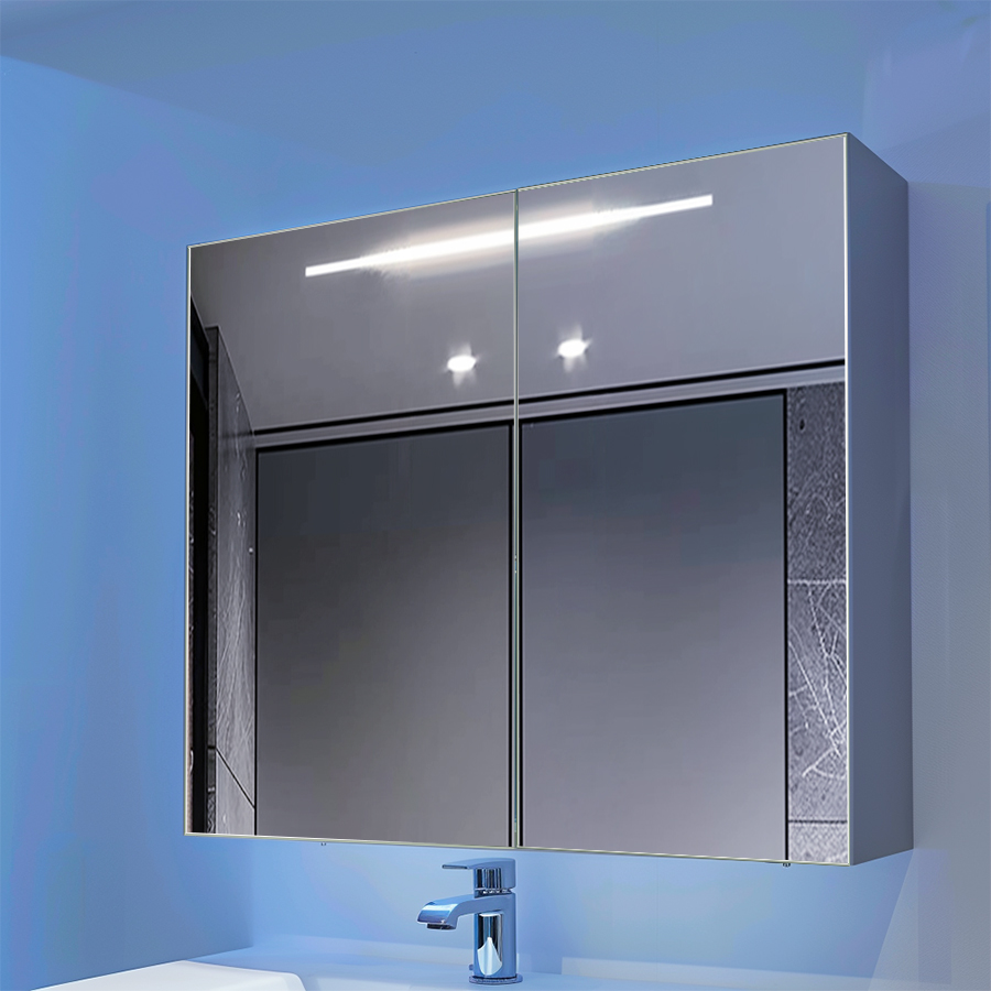 Fiesono-tocador de baño de aluminio con espejo moderno, mueble flotante de almacenamiento LED hecho a medida para baño